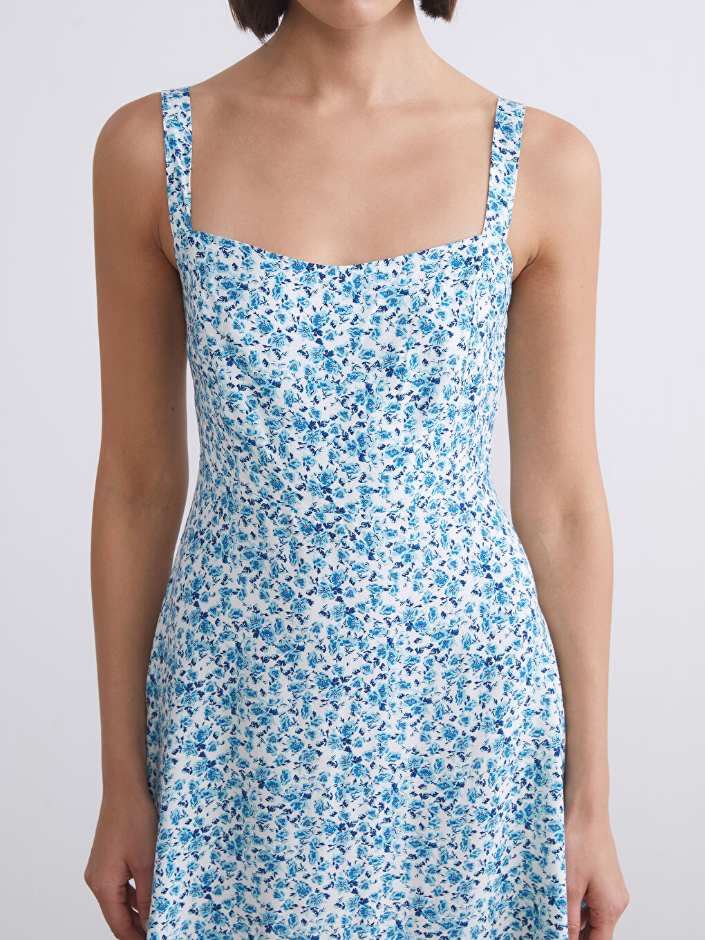 Karışık Kare Yaka Çiçekli Mini Elbise-2