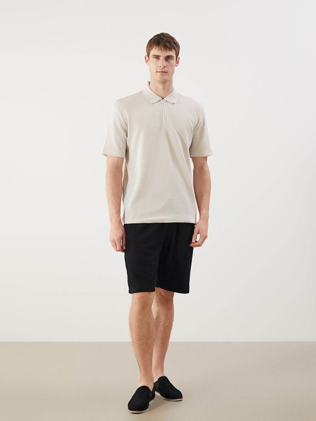 Bej Polo Yaka Çizgili Erkek Tişört-1