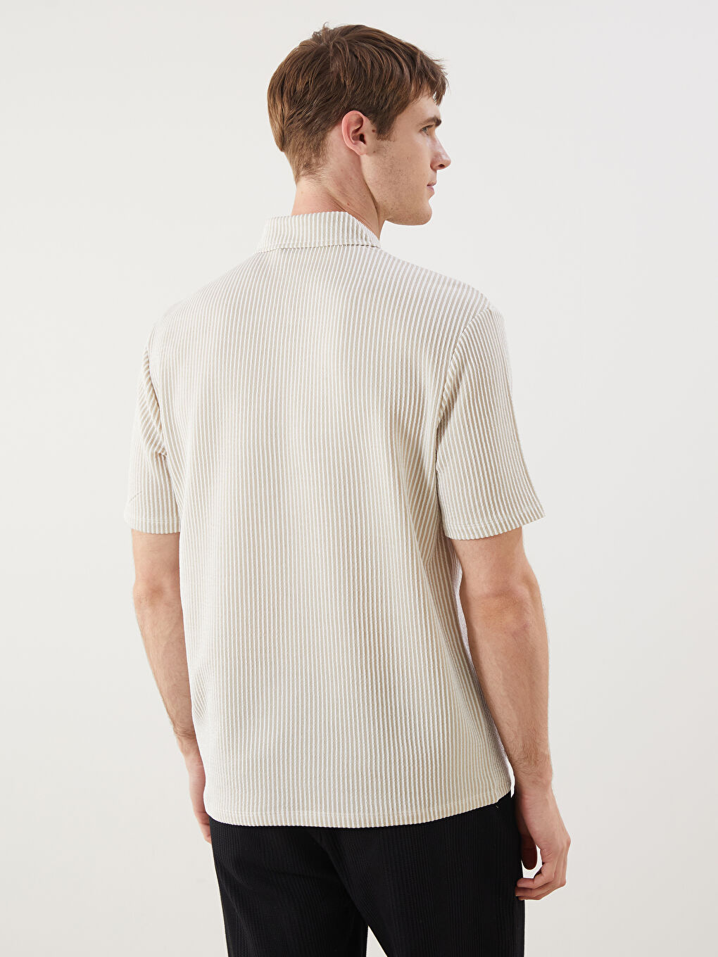 Bej Polo Yaka Çizgili Erkek Tişört-3