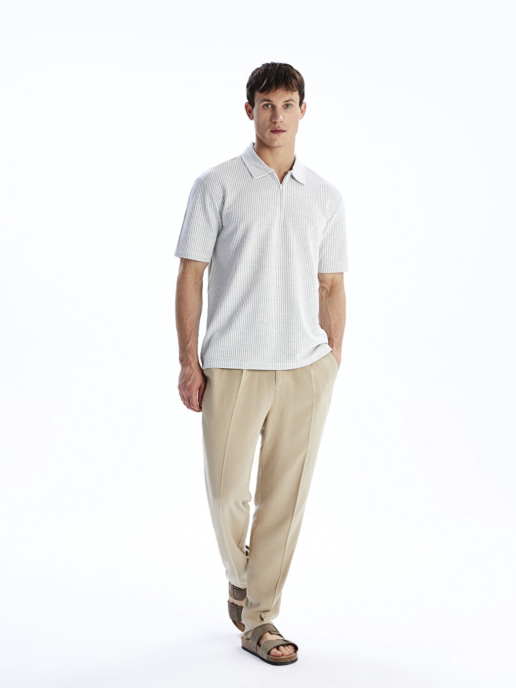 Gri Polo Yaka Çizgili Erkek Tişört-1