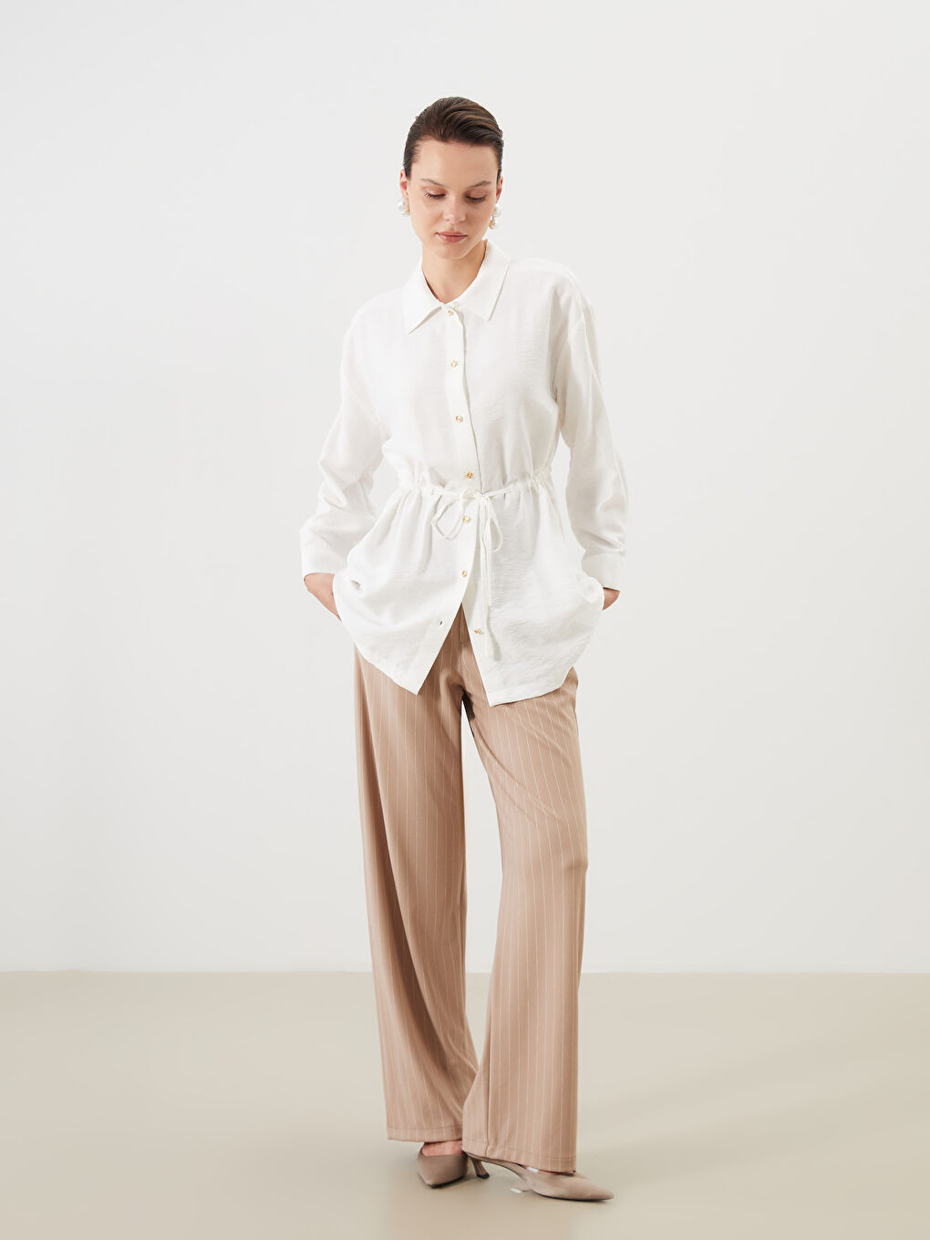 Ekru Bağcıklı Kadın Gömlek Tunik-1