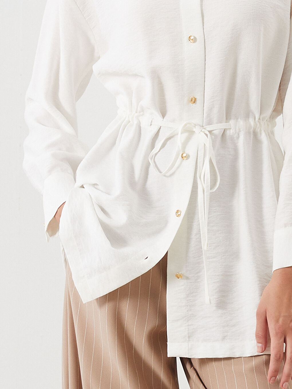 Ekru Bağcıklı Kadın Gömlek Tunik-2