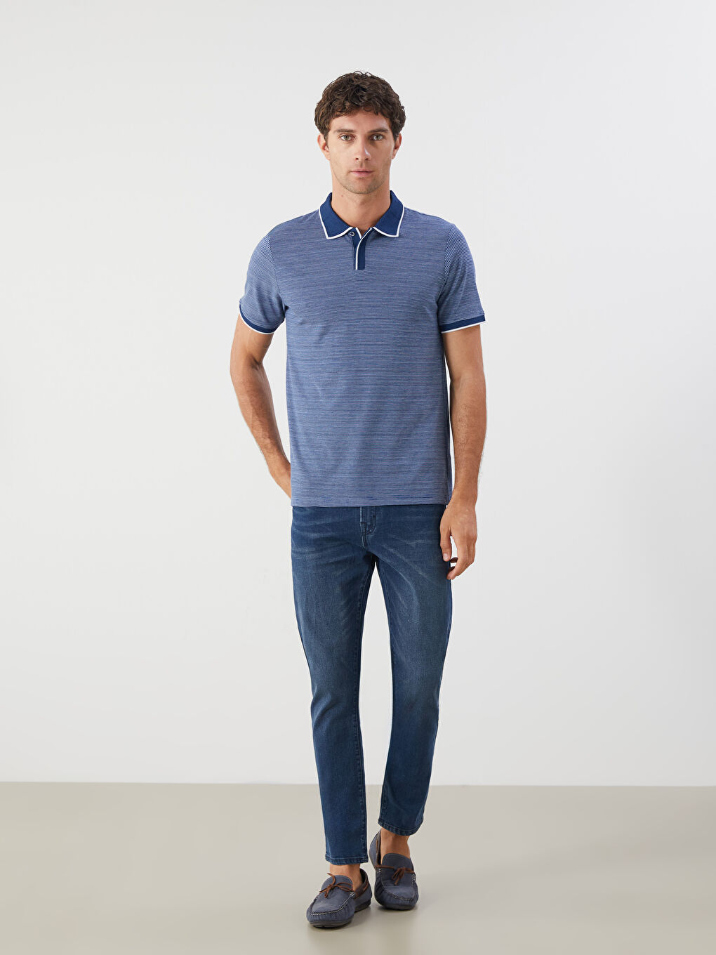 Mavi Polo Yaka Çizgili Erkek Tişört-1