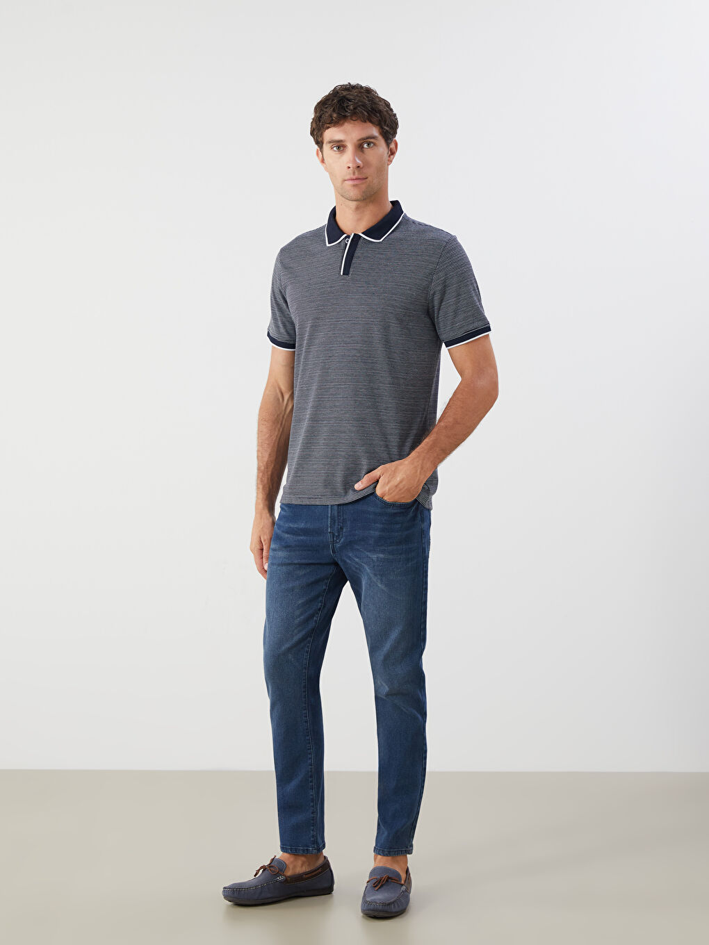 Lacivert Polo Yaka Çizgili Erkek Tişört-1