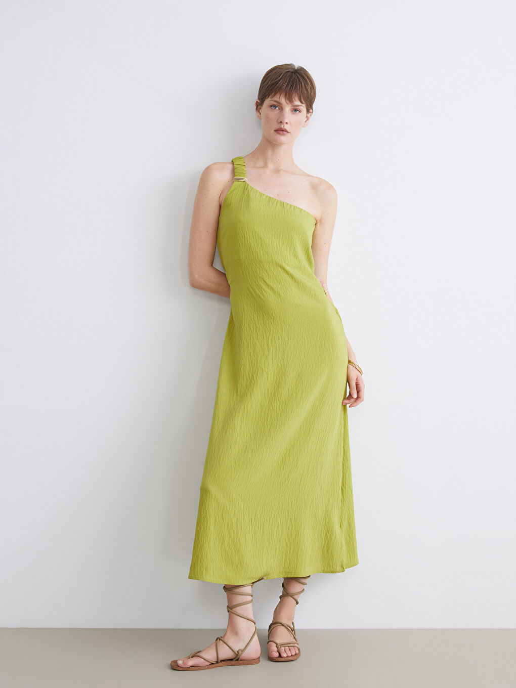 Yeşil Tek Omuz Dokulu Elbise