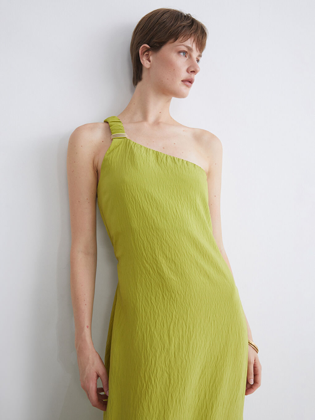 Yeşil Tek Omuz Dokulu Elbise-1