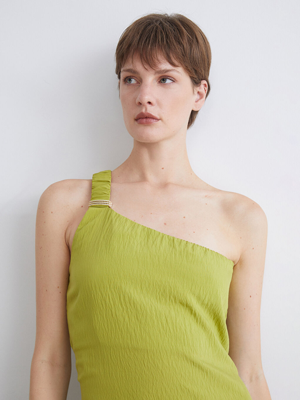 Yeşil Tek Omuz Dokulu Elbise-2