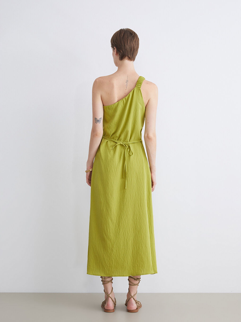 Yeşil Tek Omuz Dokulu Elbise-3