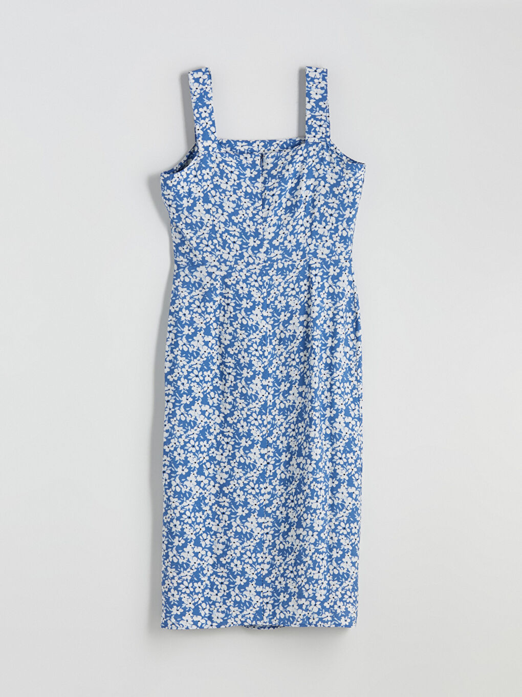 Mavi Kare Yaka Çiçekli Askılı Belden Oturtmalı Elbise-5