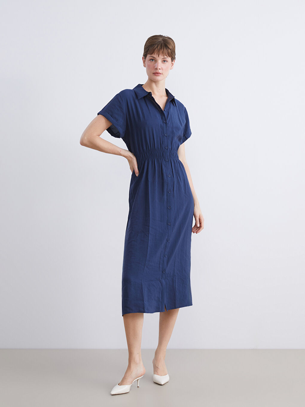 Lacivert Modal Karışımlı Gömlek Elbise
