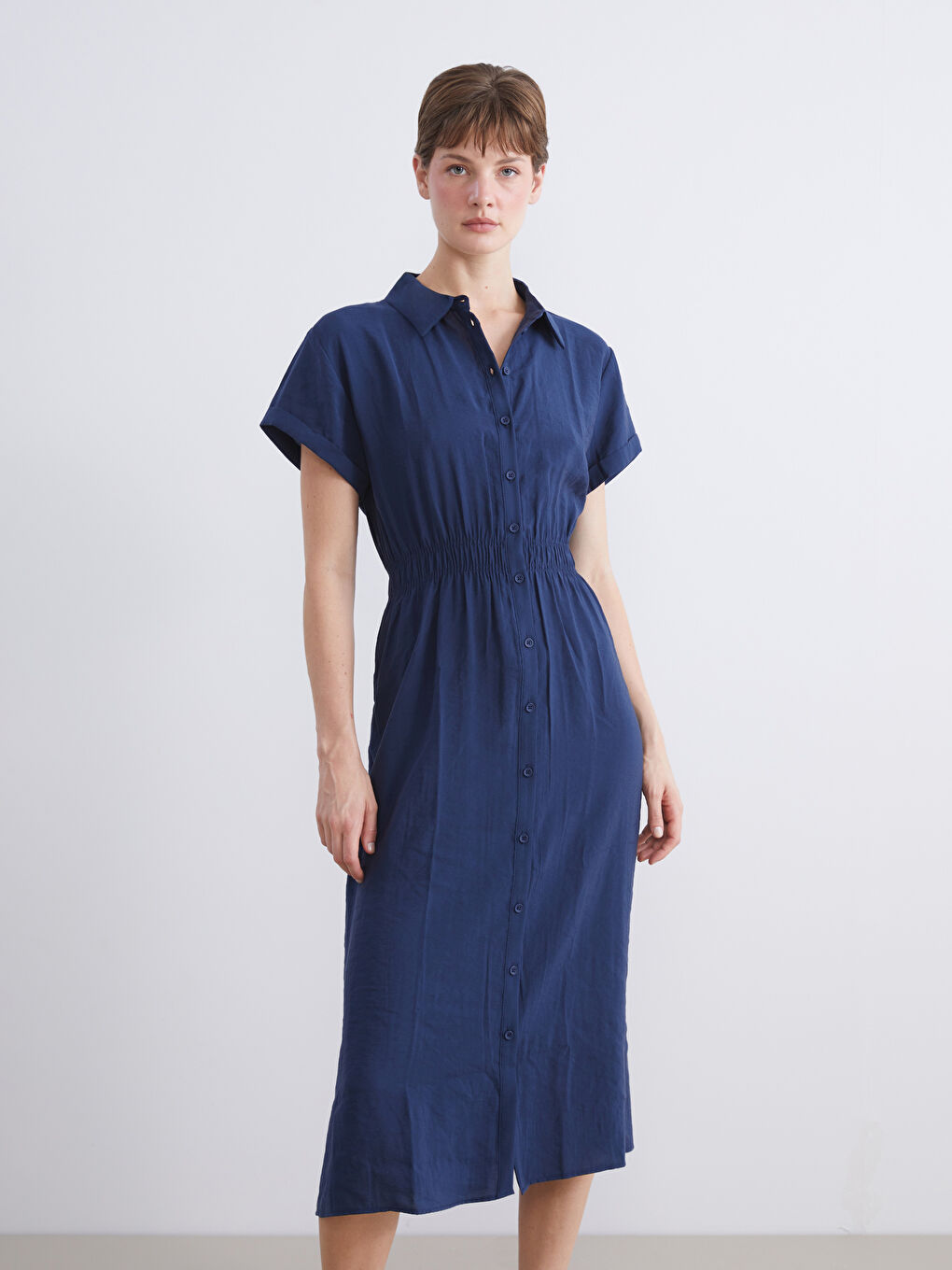 Lacivert Modal Karışımlı Gömlek Elbise-1