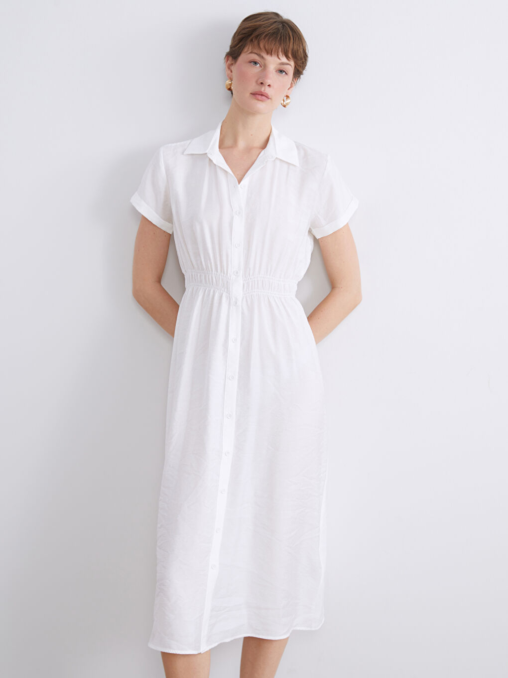 Beyaz Modal Karışımlı Gömlek Elbise-1