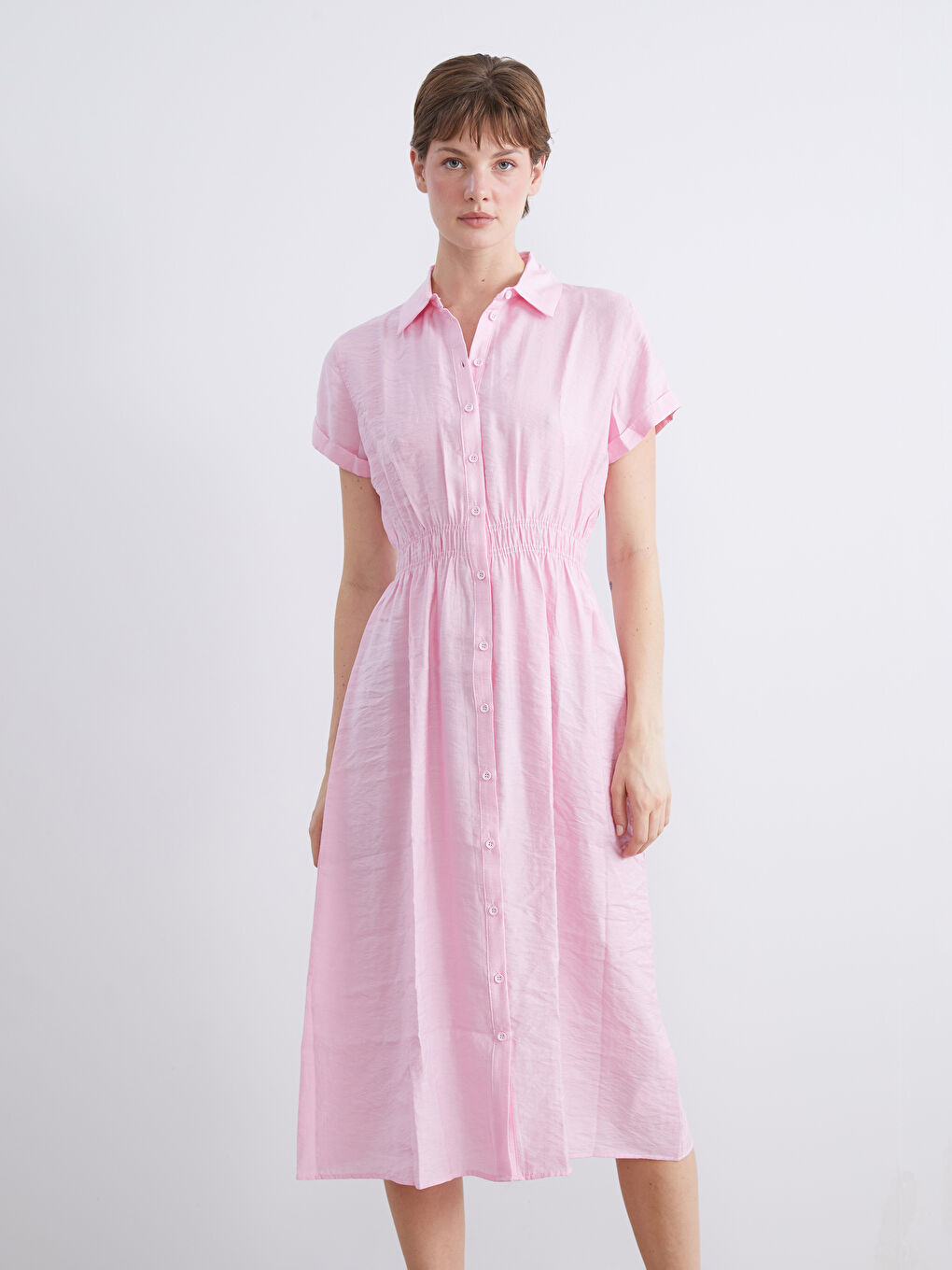 Pembe Modal Karışımlı Gömlek Elbise-1