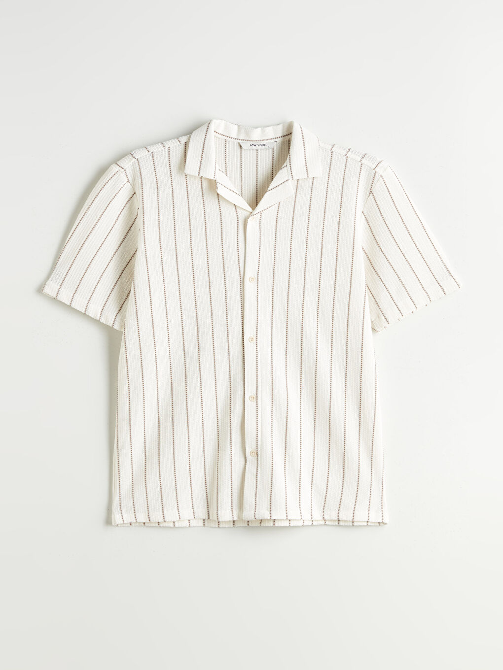 Bej Regular Fit Resort Yaka Çizgili Armürlü Erkek Gömlek-4