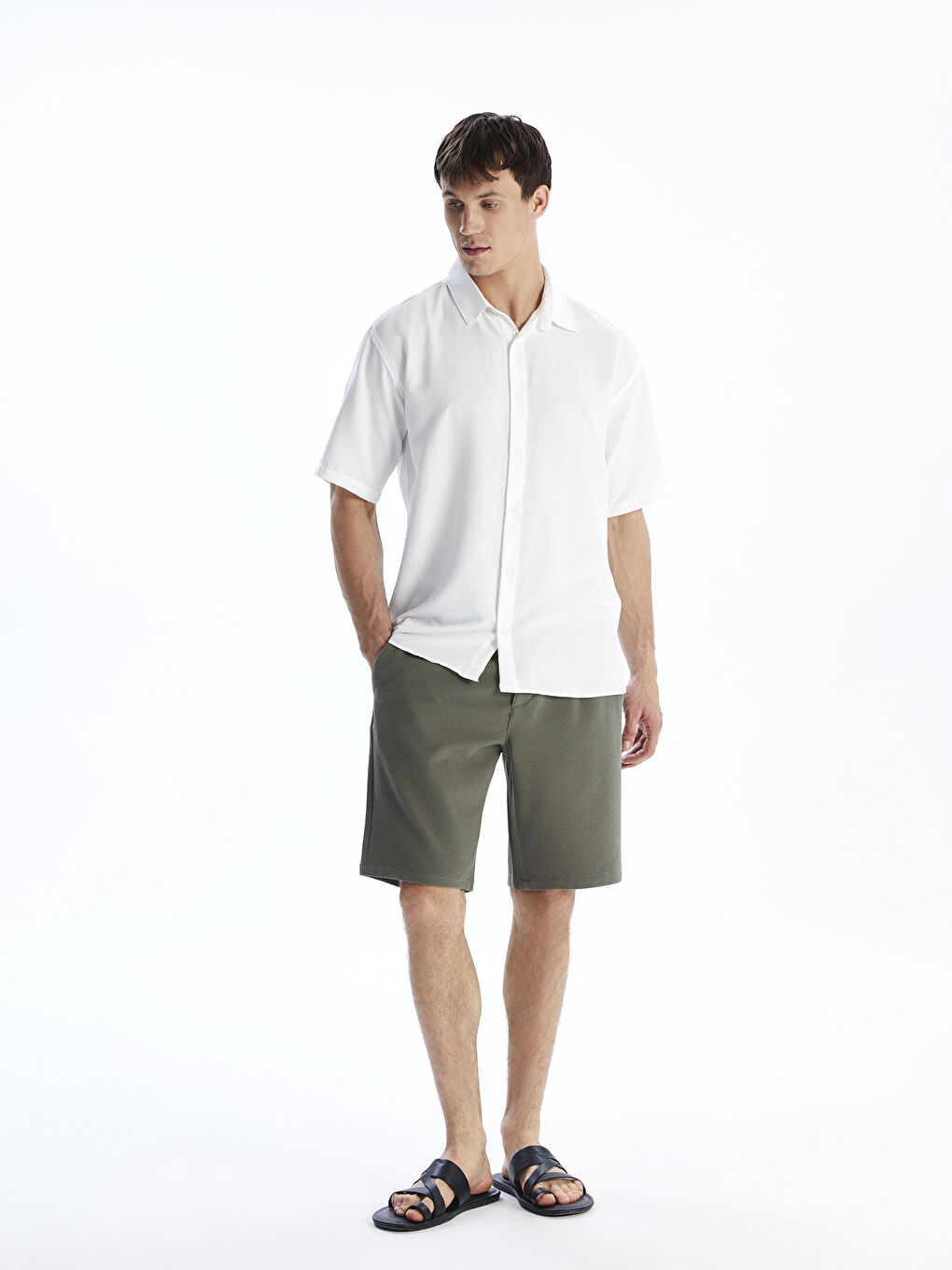 Ekru Regular Fit Kısa Kollu Armürlü Erkek Gömlek-1