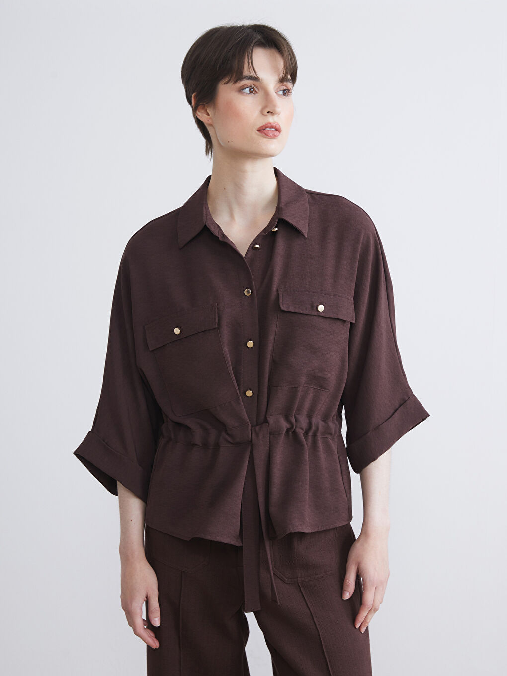 Kahverengi Armürlü Oversize Kadın Gömlek