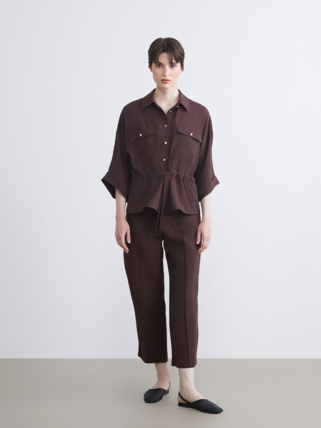 Kahverengi Armürlü Oversize Kadın Gömlek-1