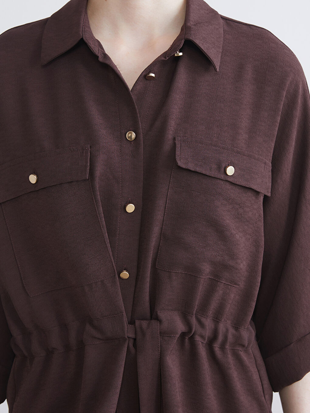 Kahverengi Armürlü Oversize Kadın Gömlek-2