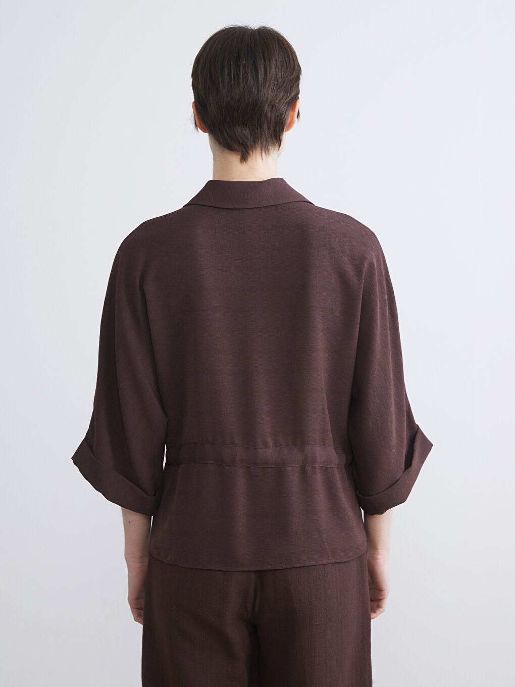 Kahverengi Armürlü Oversize Kadın Gömlek-3