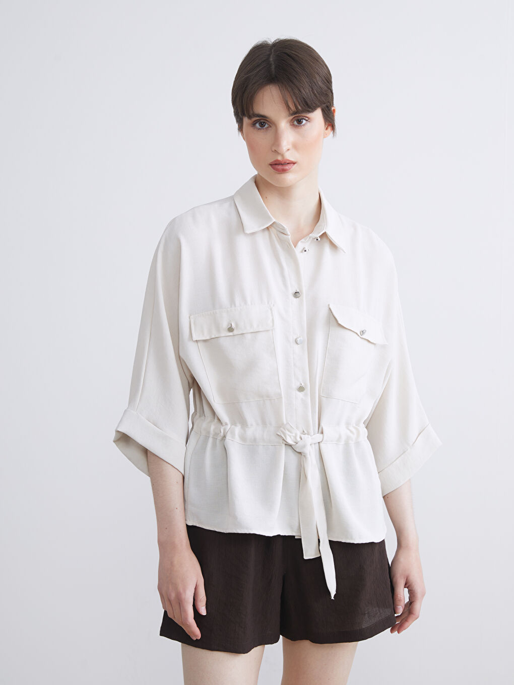 Bej Armürlü Oversize Kadın Gömlek