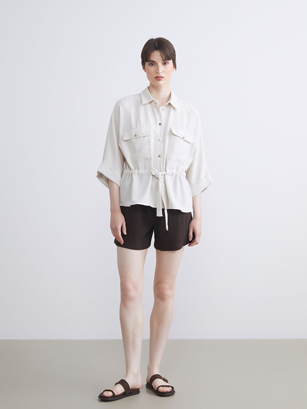 Bej Armürlü Oversize Kadın Gömlek-1