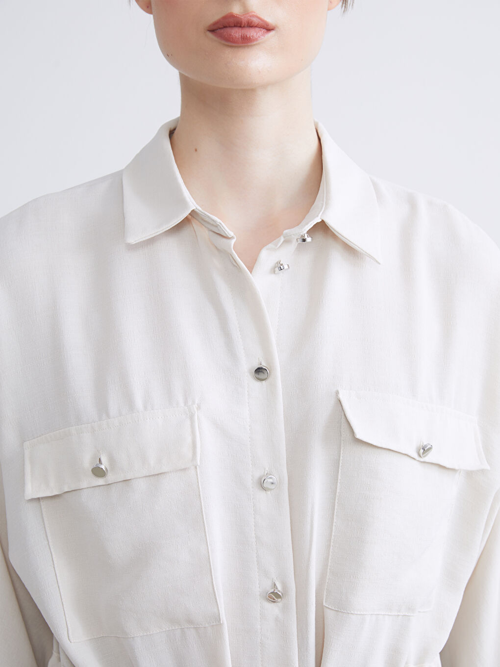 Bej Armürlü Oversize Kadın Gömlek-2