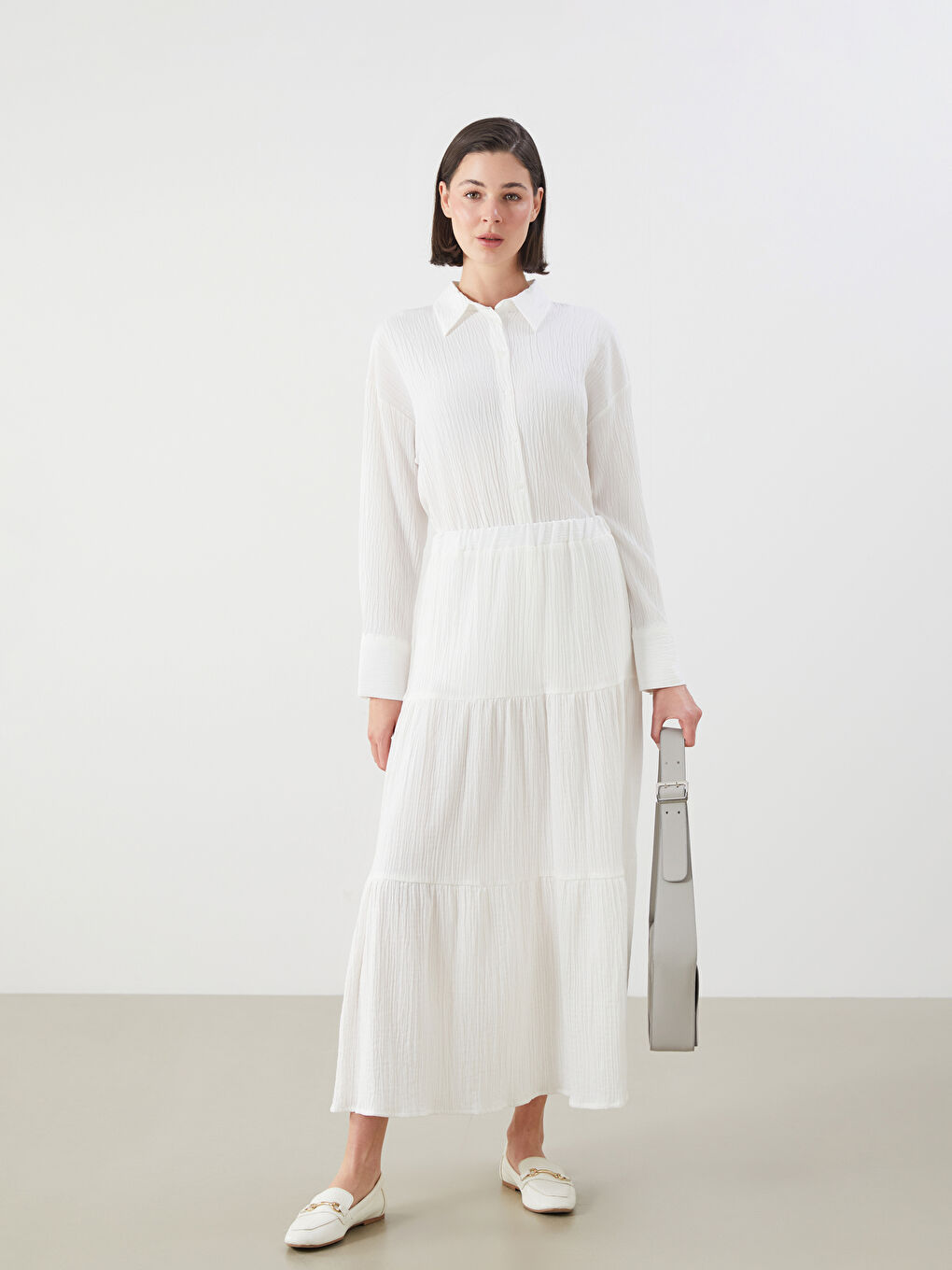 Beyaz Beli Lastikli Dokulu Katkat Müslin Etek