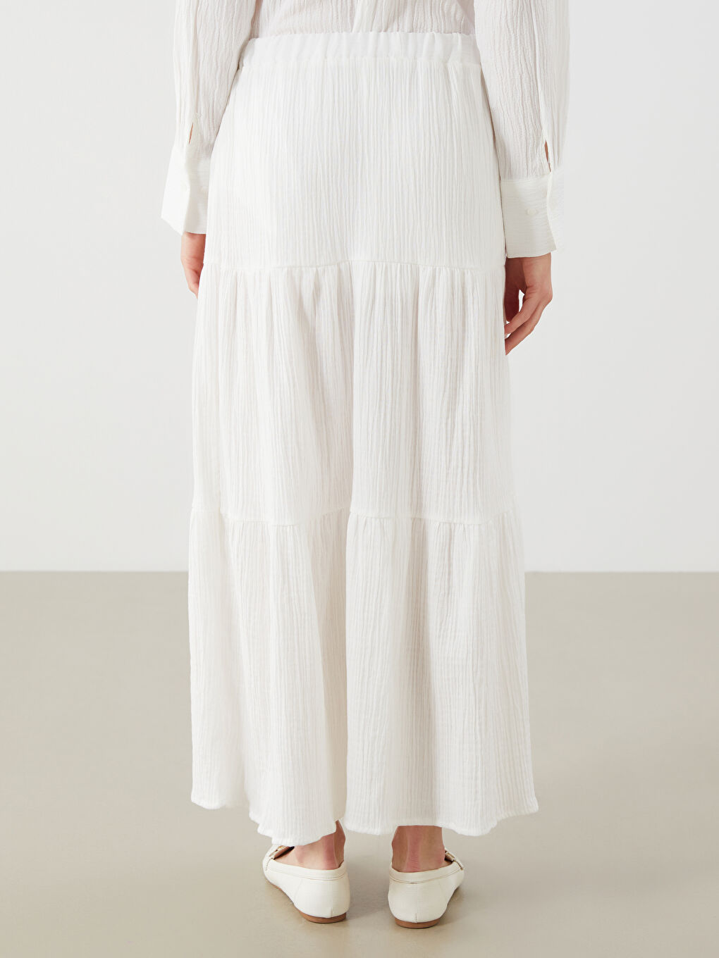 Beyaz Beli Lastikli Dokulu Katkat Müslin Etek-3