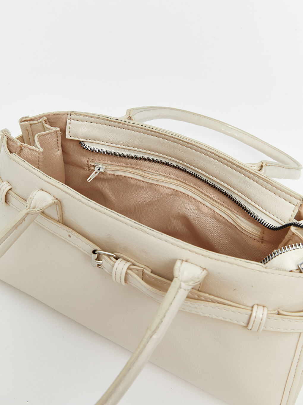 Ekru Deri Görünümlü Kadın Baget Çanta-3