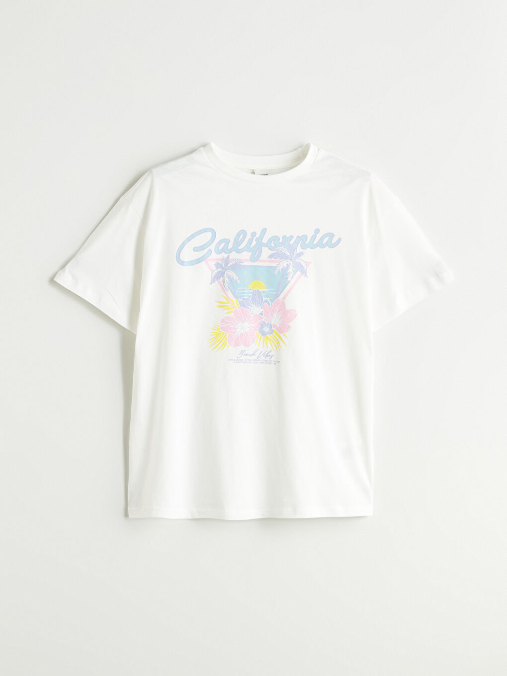 Beyaz Bisiklet Yaka California Baskılı Kız Çocuk Tişört-2