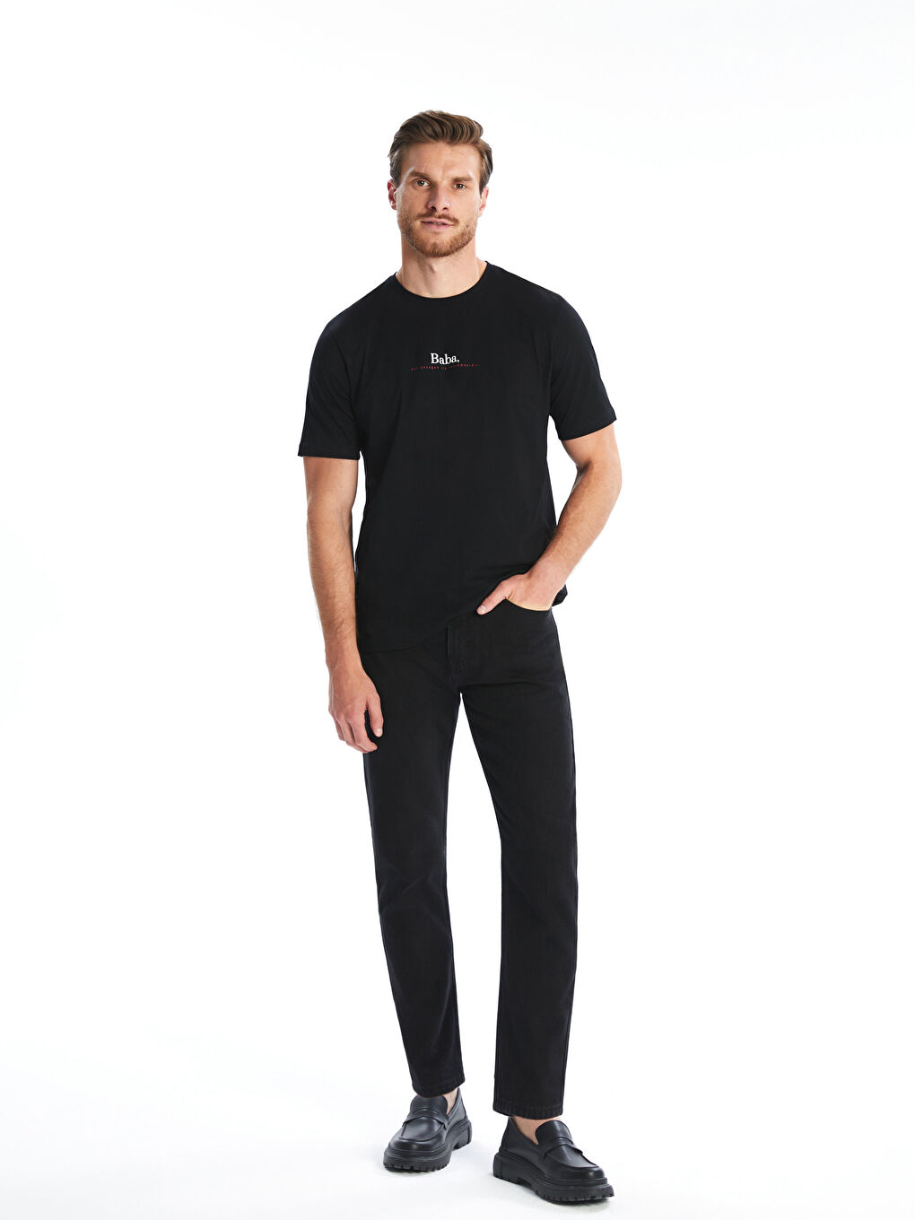 Siyah Bisiklet Yaka Baskılı Penye Erkek Tişört-1