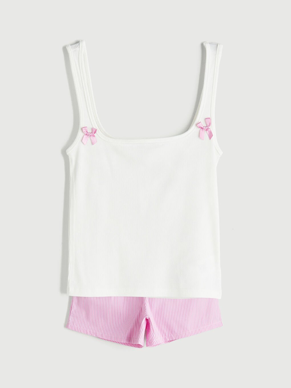 Pembe Kare Yaka Çizgili Kadın Şortlu Pijama Takımı-4