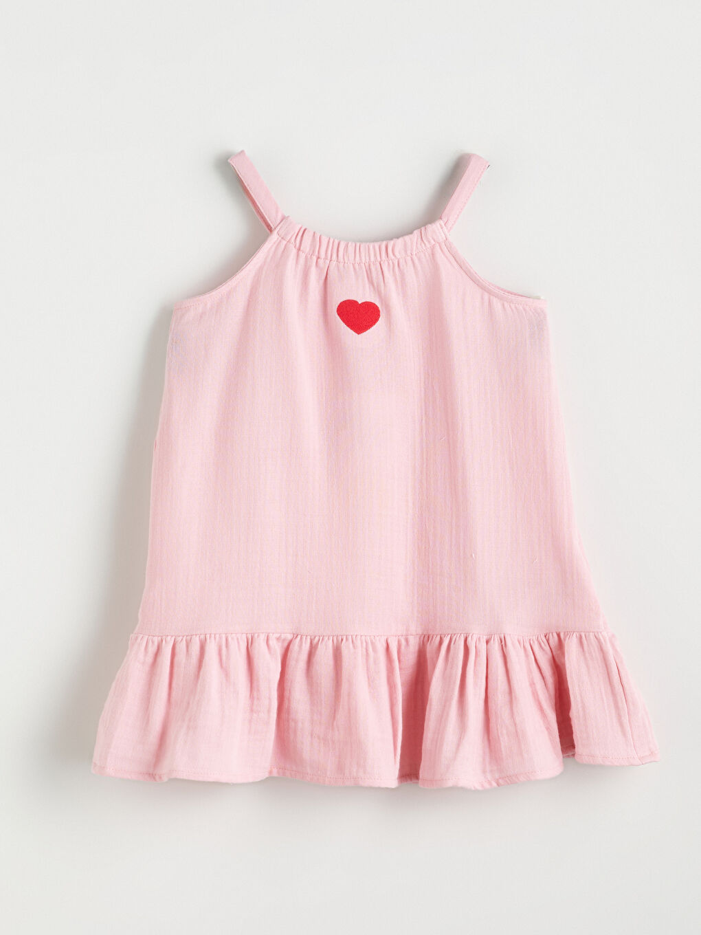 Pembe Kalp Nakışlı Kız Çocuk Müslin Elbise