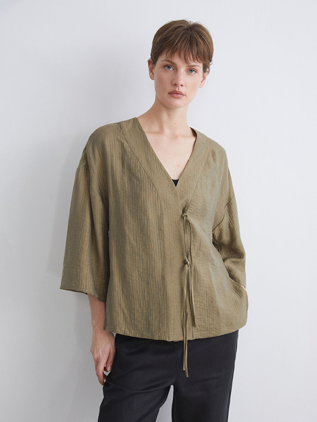 V Neck Textured Women's Kimono