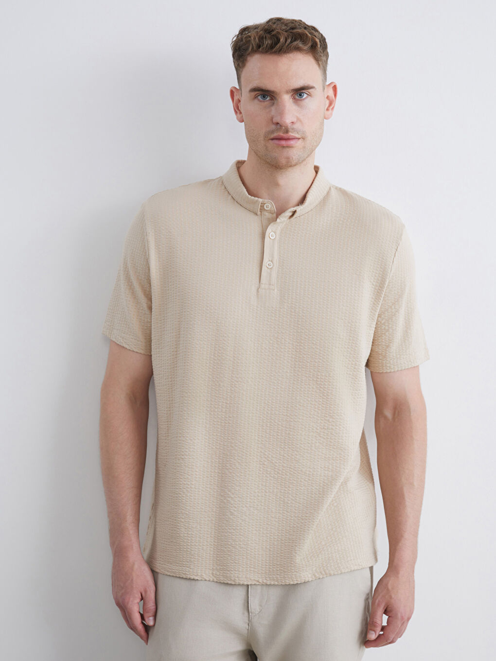 Bej Büyük Beden Polo Yaka Erkek Tişört-1