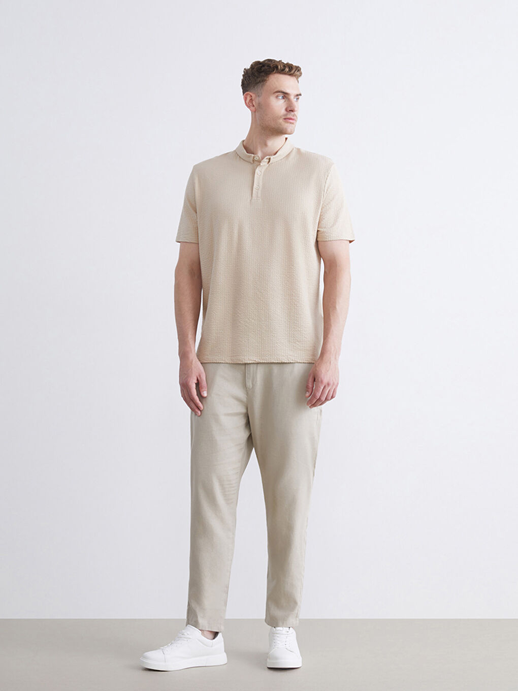 Bej Büyük Beden Polo Yaka Erkek Tişört-2