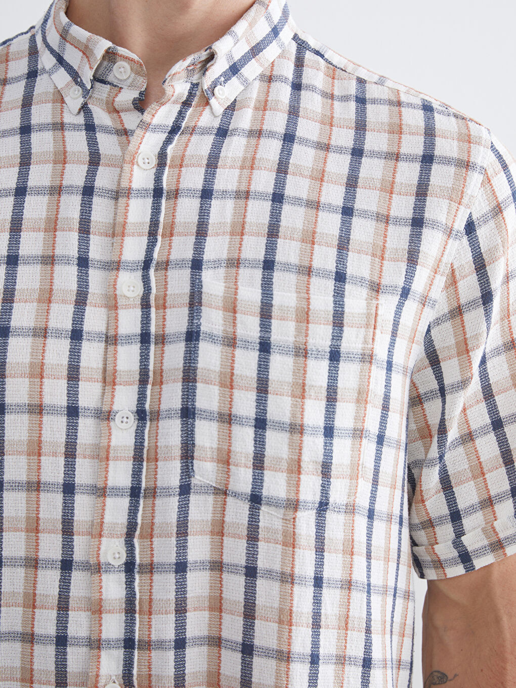 Bej Regular Fit Kısa Kollu Ekose Armürlü Erkek Gömlek-2