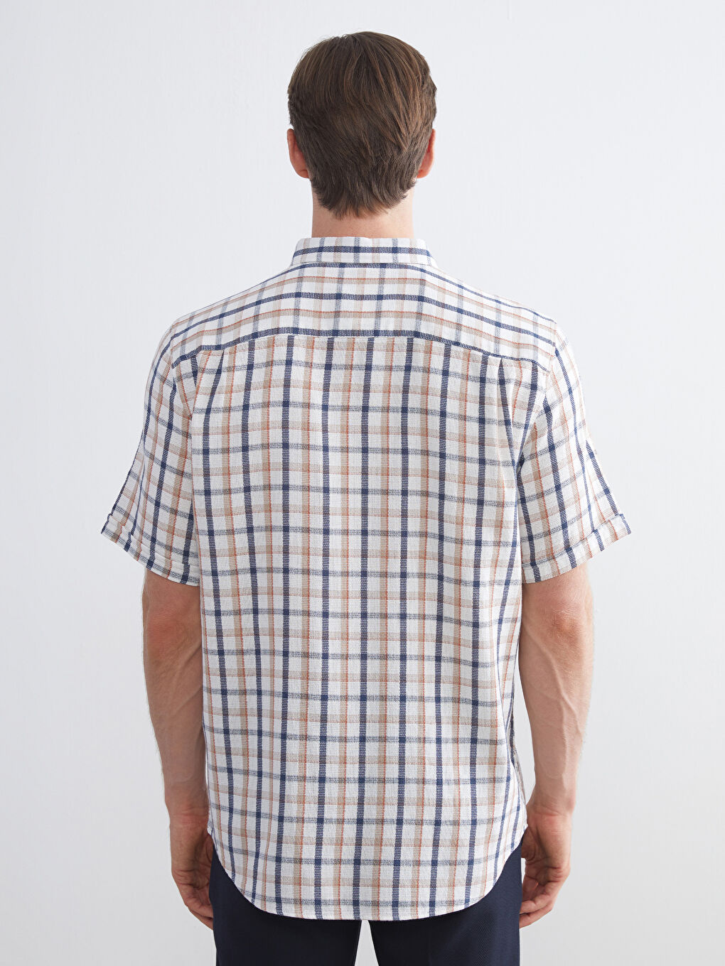 Bej Regular Fit Kısa Kollu Ekose Armürlü Erkek Gömlek-3