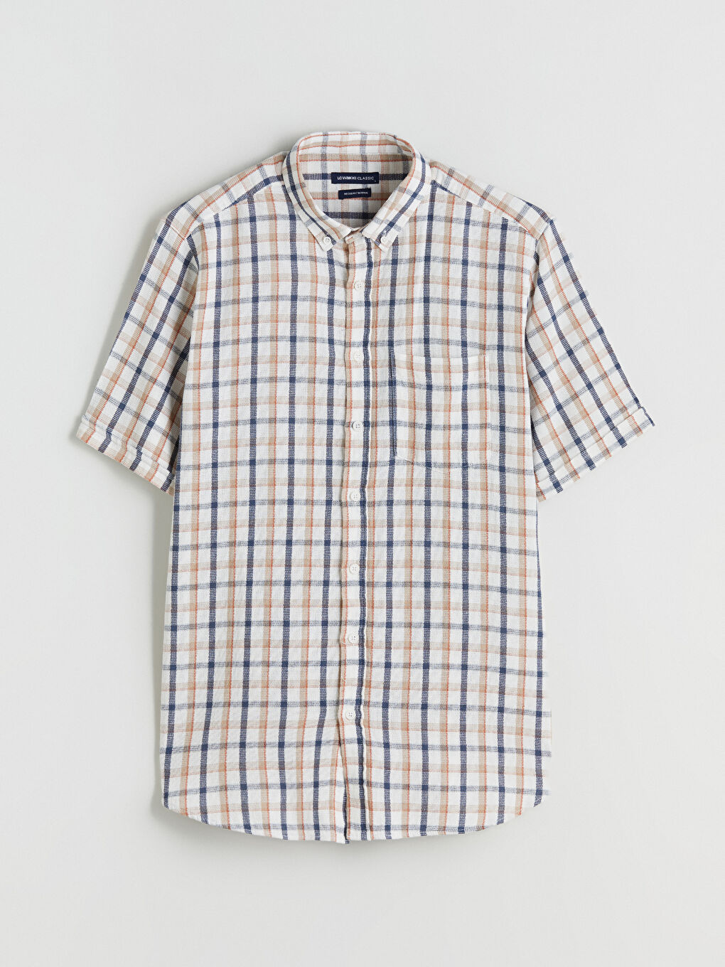 Bej Regular Fit Kısa Kollu Ekose Armürlü Erkek Gömlek-4