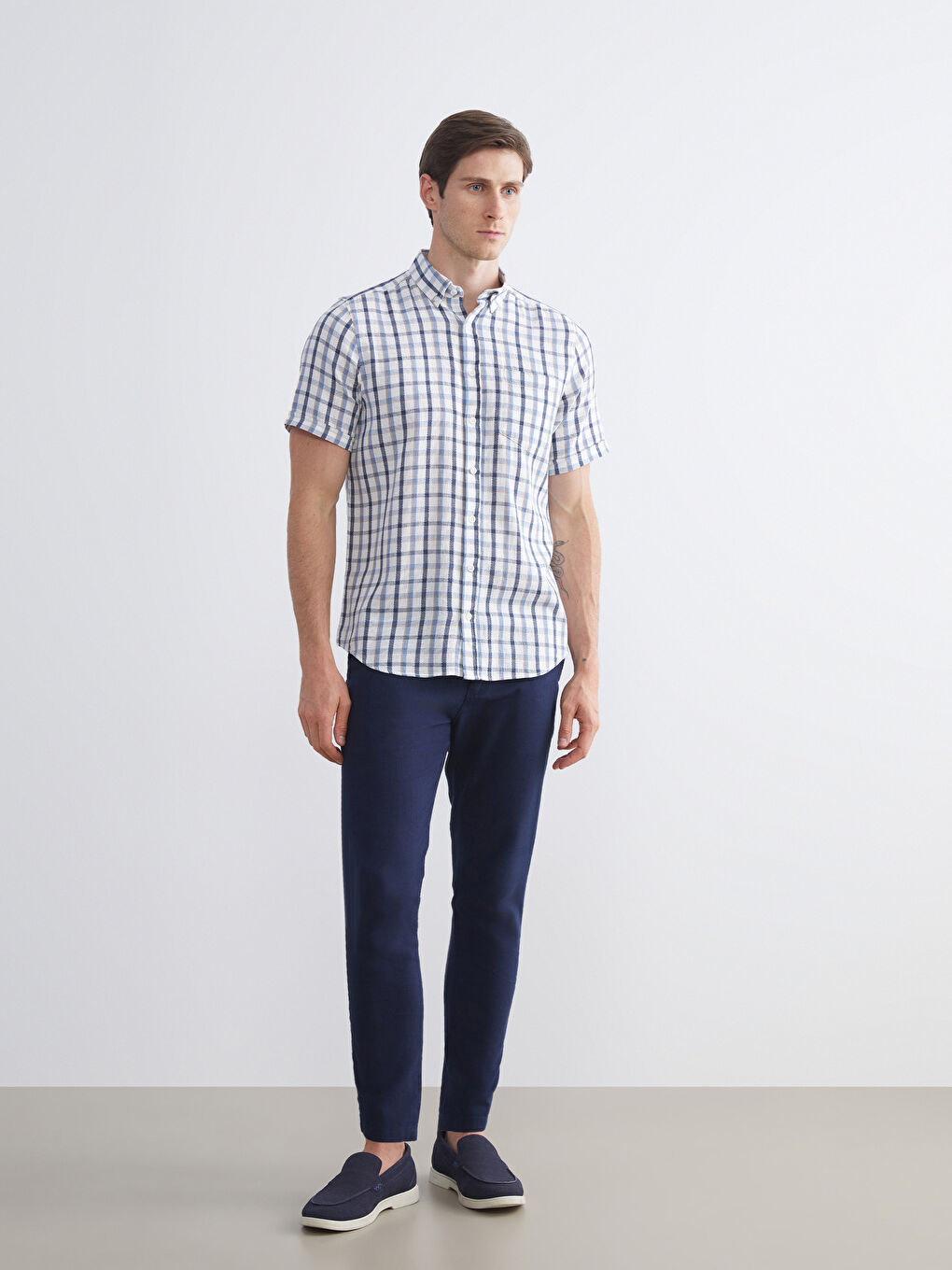 Mavi Regular Fit Kısa Kollu Ekose Armürlü Erkek Gömlek-1