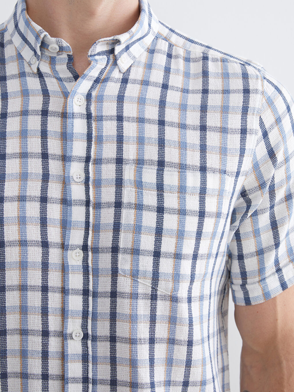 Mavi Regular Fit Kısa Kollu Ekose Armürlü Erkek Gömlek-2