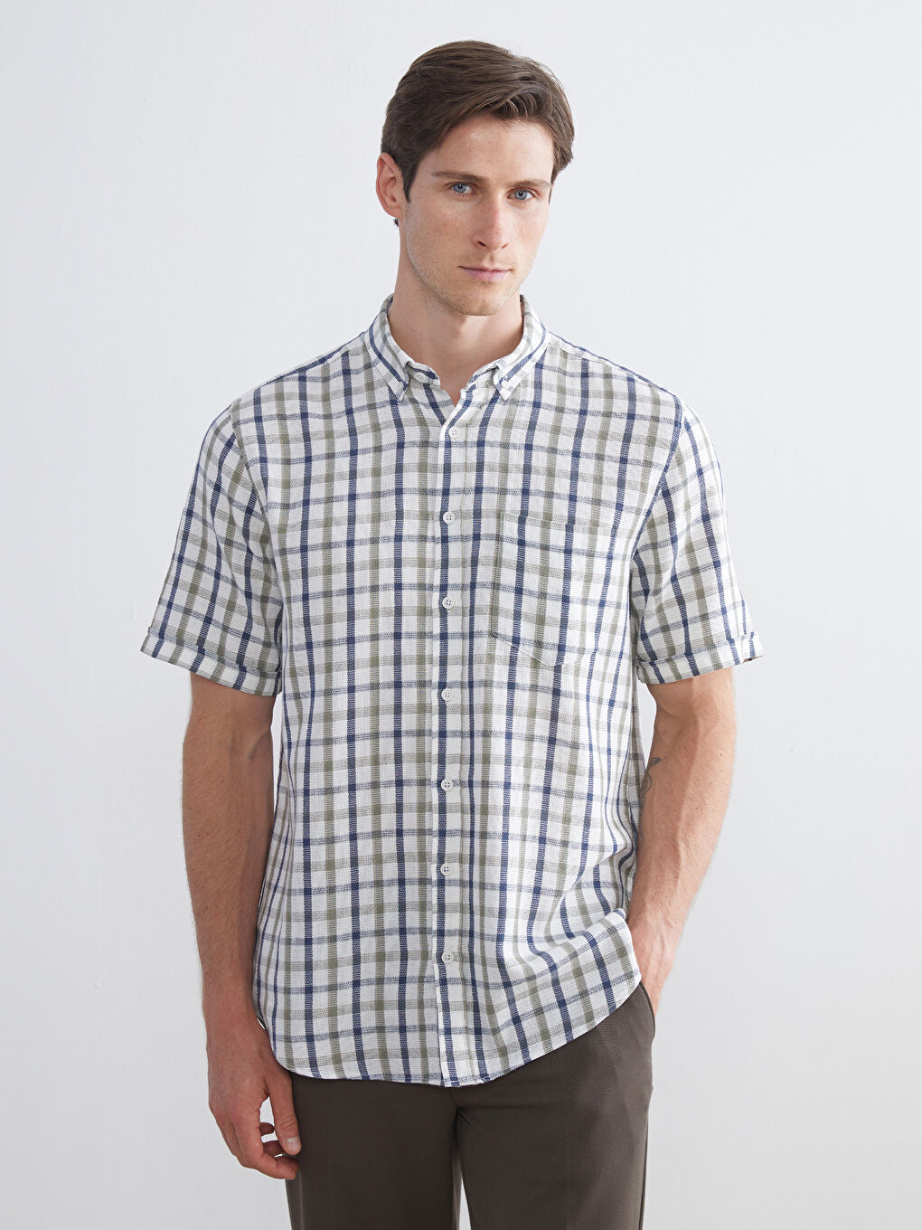 Yeşil Regular Fit Kısa Kollu Ekose Armürlü Erkek Gömlek