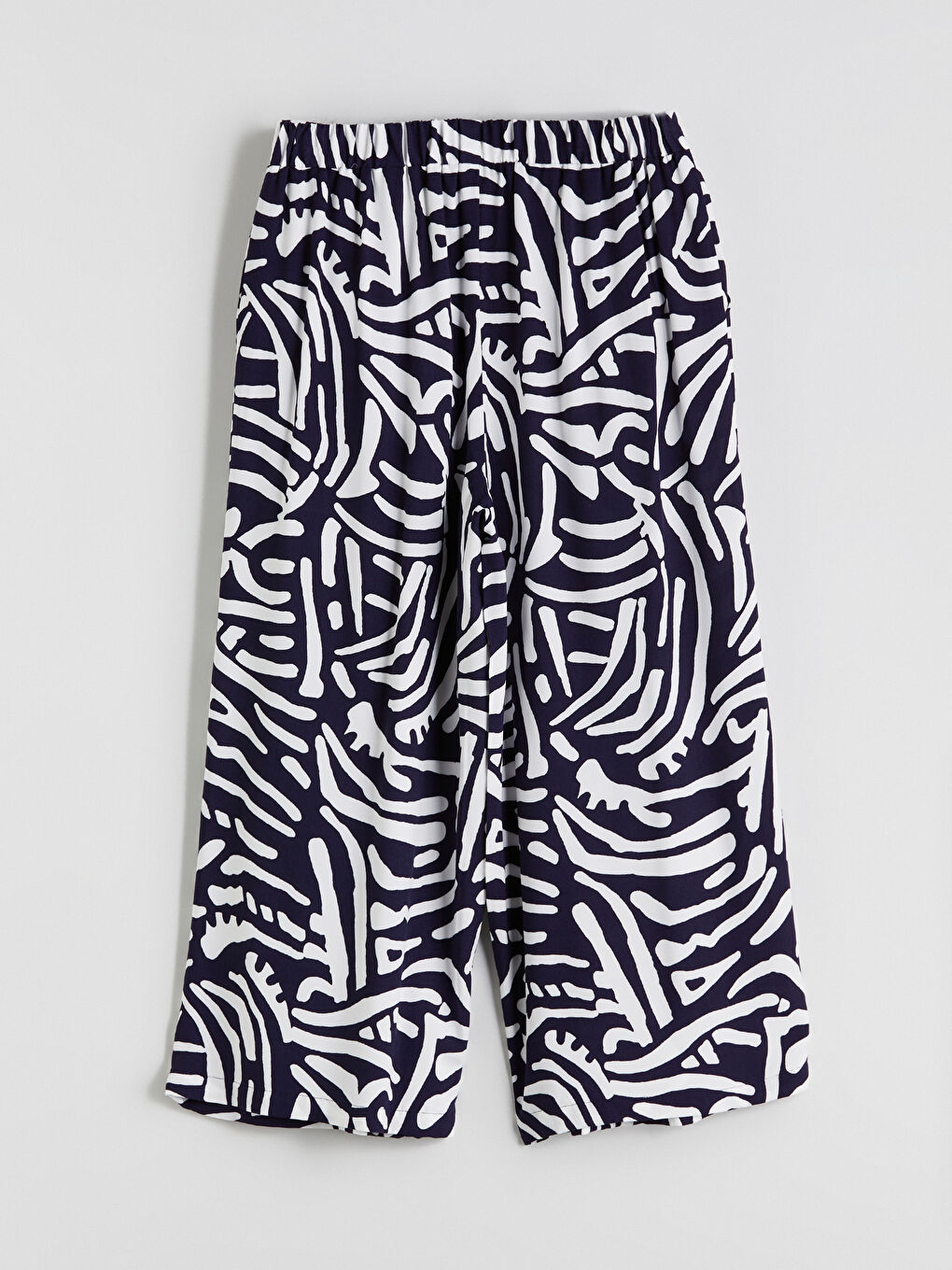 Lacivert Beli Lastikli Desenli Kadın Pileli Kapri-5