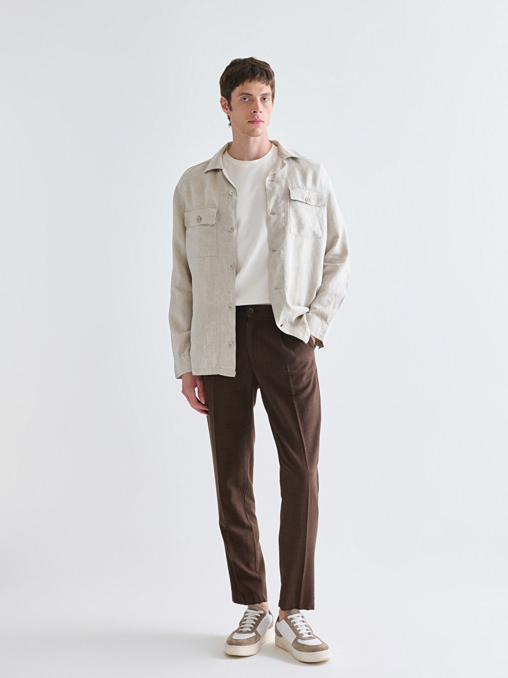 Bej Rahat Kalıp Uzun Kollu %100 Keten Erkek Gömlek-1