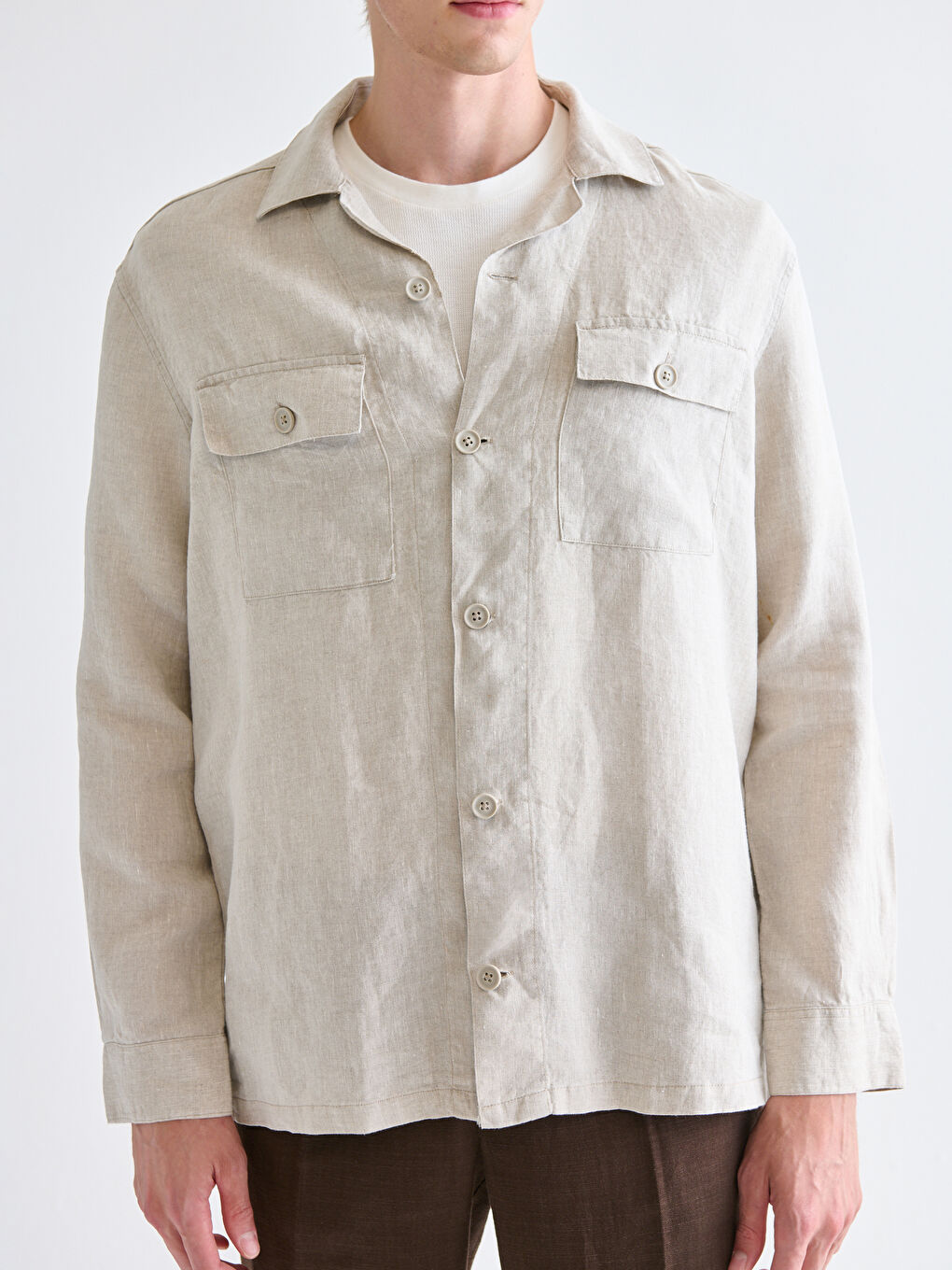 Bej Rahat Kalıp Uzun Kollu %100 Keten Erkek Gömlek-2