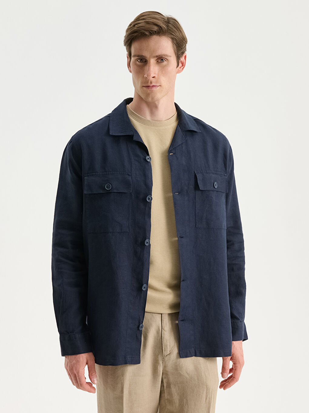 Lacivert Rahat Kalıp Uzun Kollu %100 Keten Erkek Gömlek