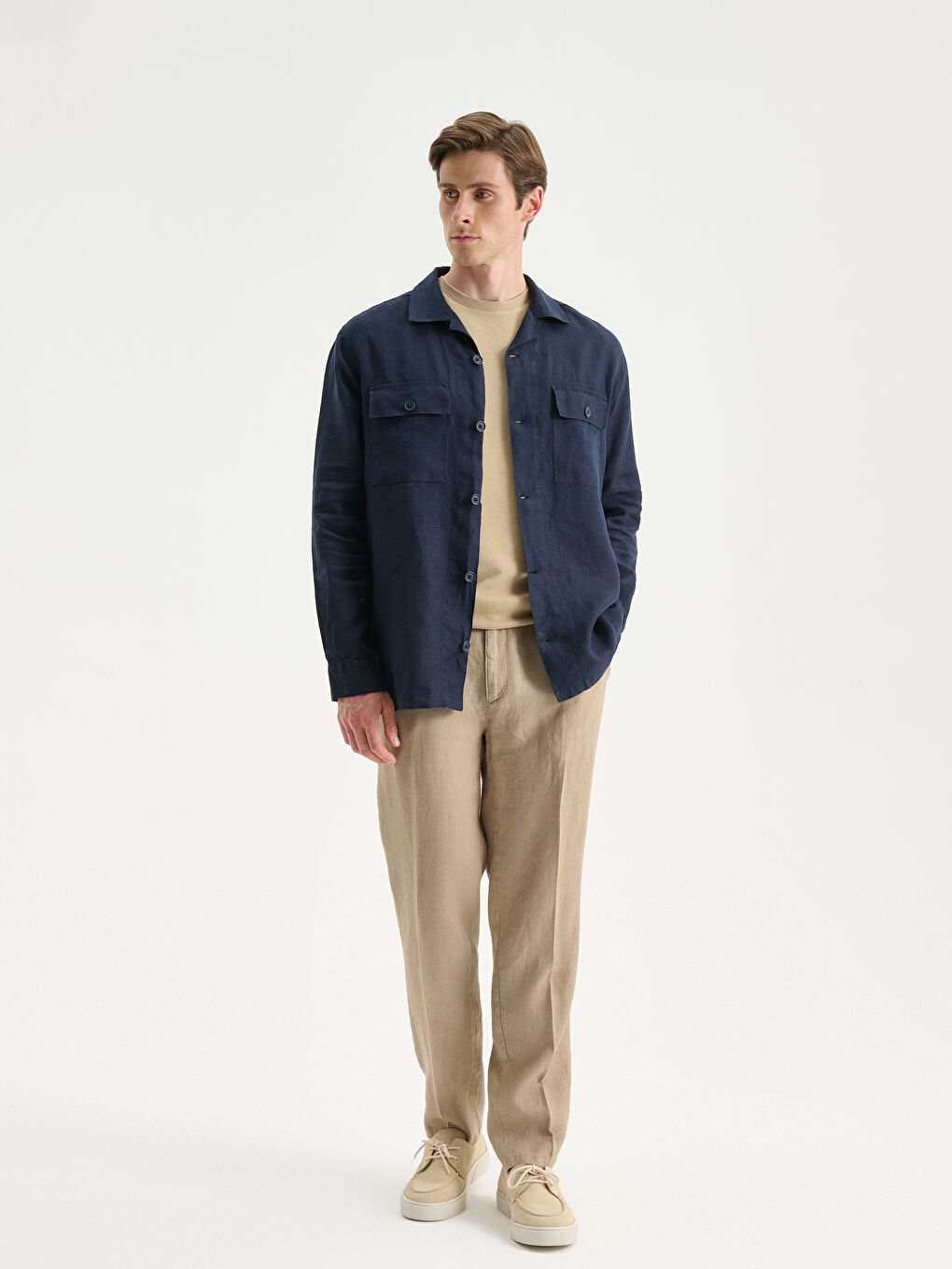 Lacivert Rahat Kalıp Uzun Kollu %100 Keten Erkek Gömlek-1