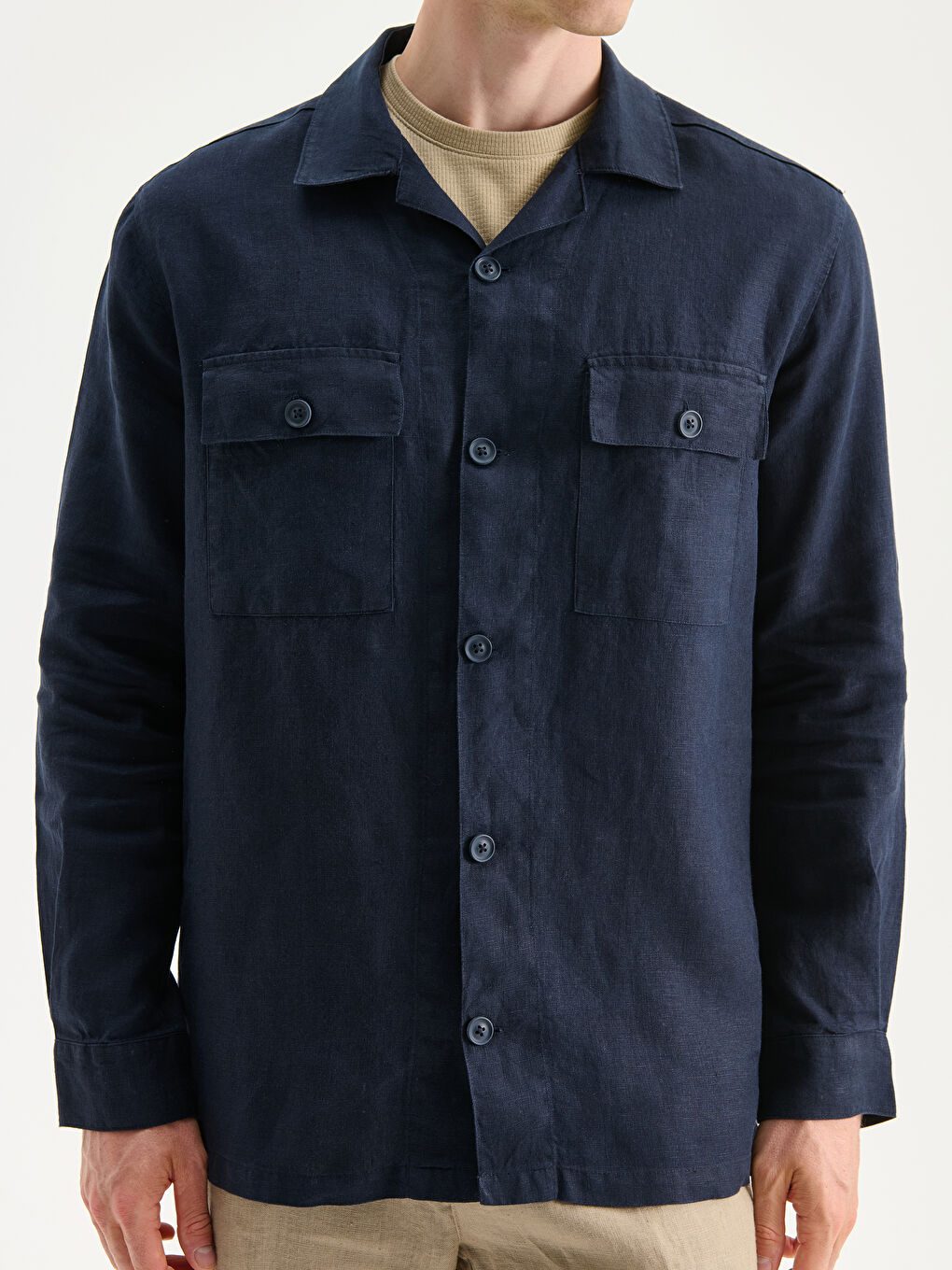 Lacivert Rahat Kalıp Uzun Kollu %100 Keten Erkek Gömlek-2