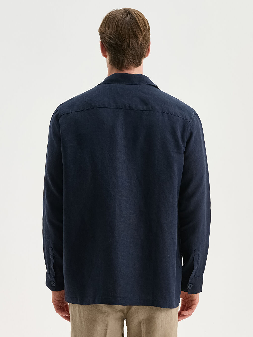 Lacivert Rahat Kalıp Uzun Kollu %100 Keten Erkek Gömlek-3