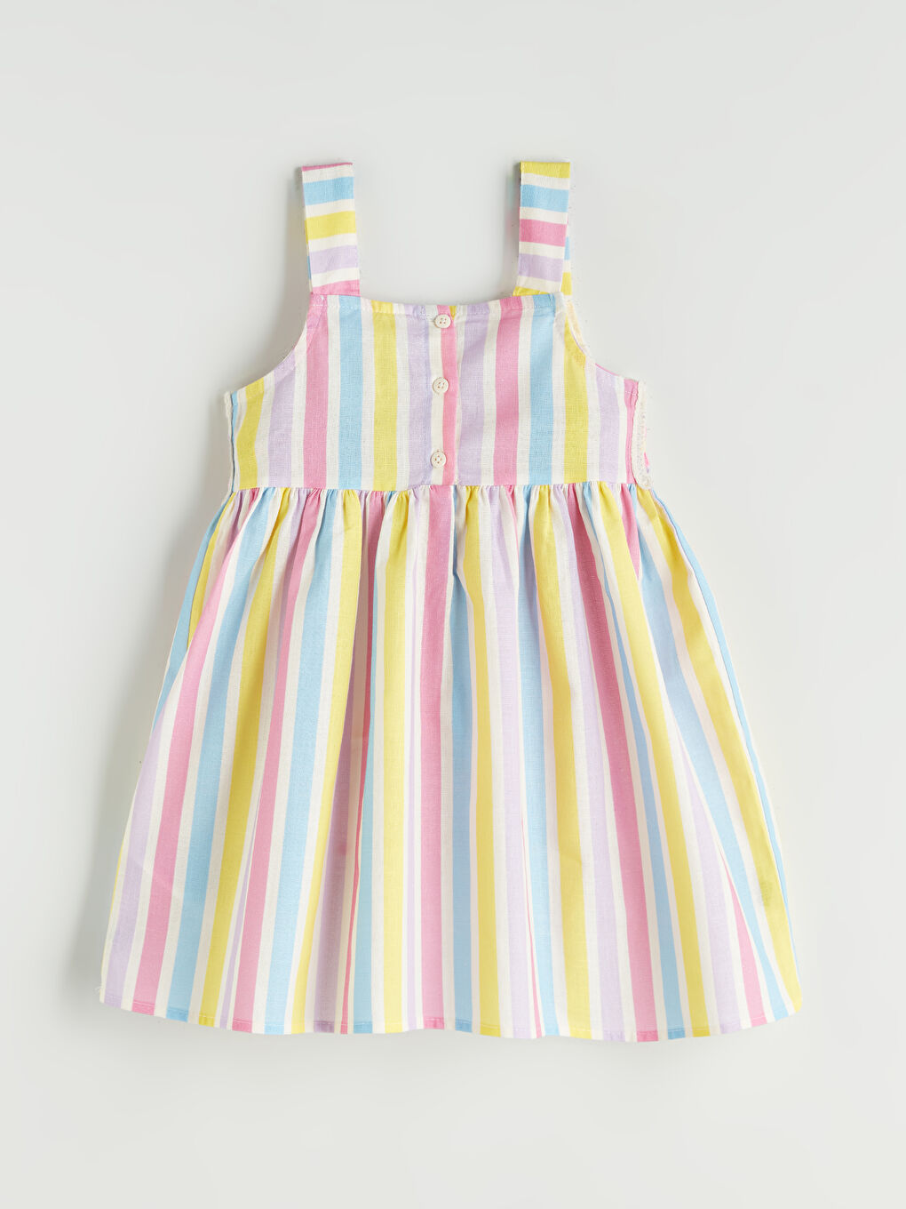 Karışık Kare Yaka Kız Çocuk Keten Elbise-1